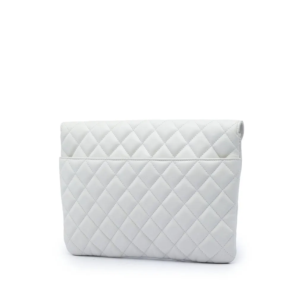 Chanel Quilted Calfskin Logo Enchained Clutch White Leather Very good - Back View