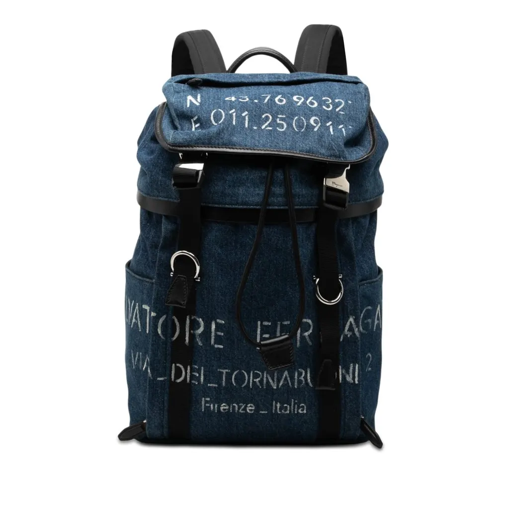 Salvatore Ferragamo Printed Denim Backpack Blue Very good - Front View