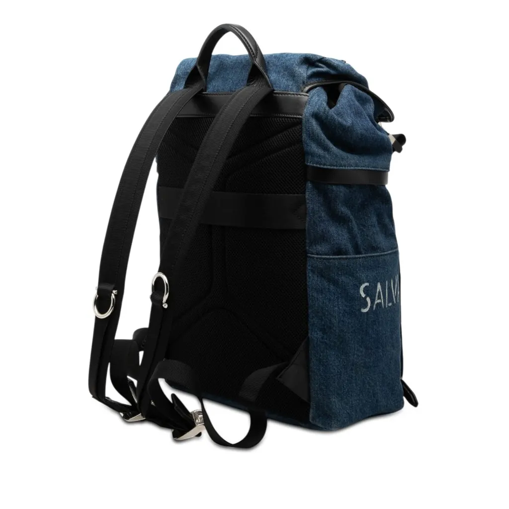 Salvatore Ferragamo Printed Denim Backpack Blue Very good - Back View