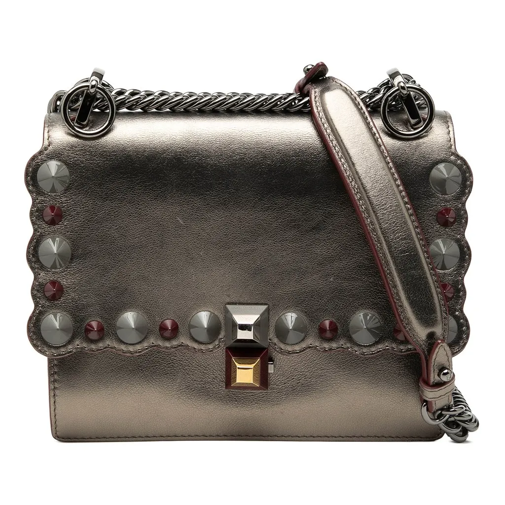 Fendi Mini Scalloped Metallic Studded Leather Kan I Crossbody Gold Leather Very good - Front View