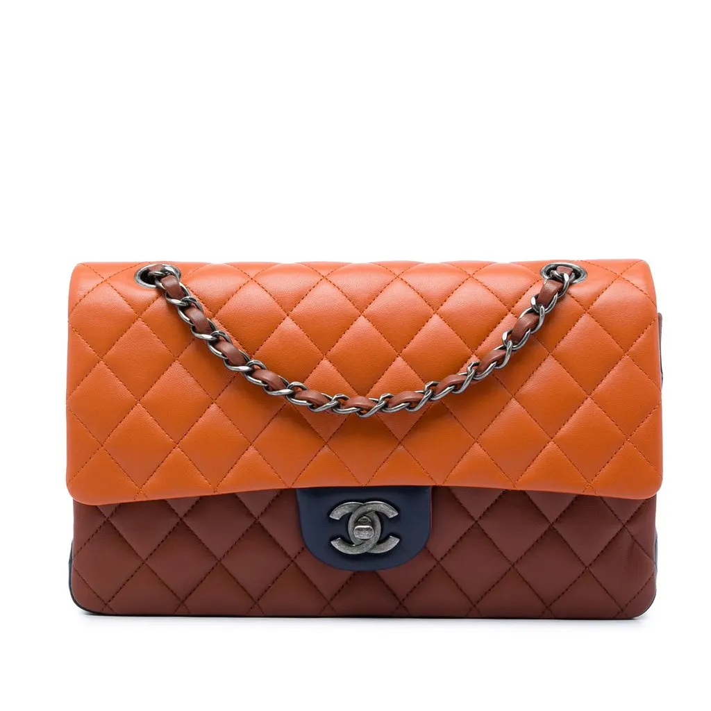 Chanel Medium Classic Tricolor Lambskin Double Flap Orange Leather Very good - Front View