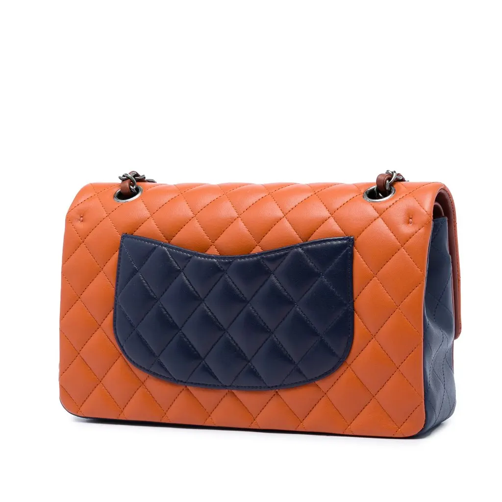 Chanel Medium Classic Tricolor Lambskin Double Flap Orange Leather Very good - Back View