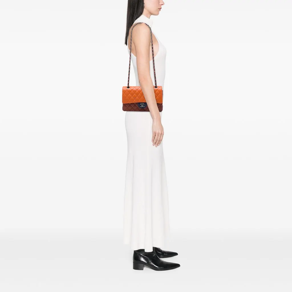 Chanel Medium Classic Tricolor Lambskin Double Flap Orange Leather Very good - Box View