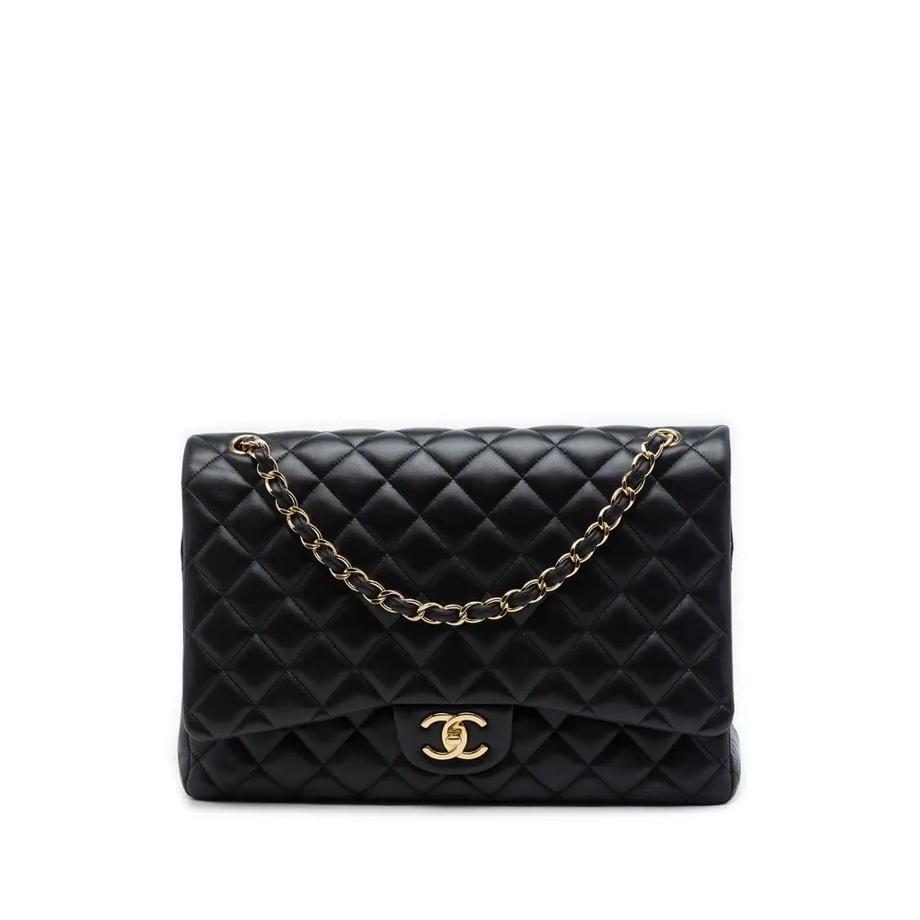Chanel Maxi Classic Lambskin Double Flap Black Leather Very good - Front View