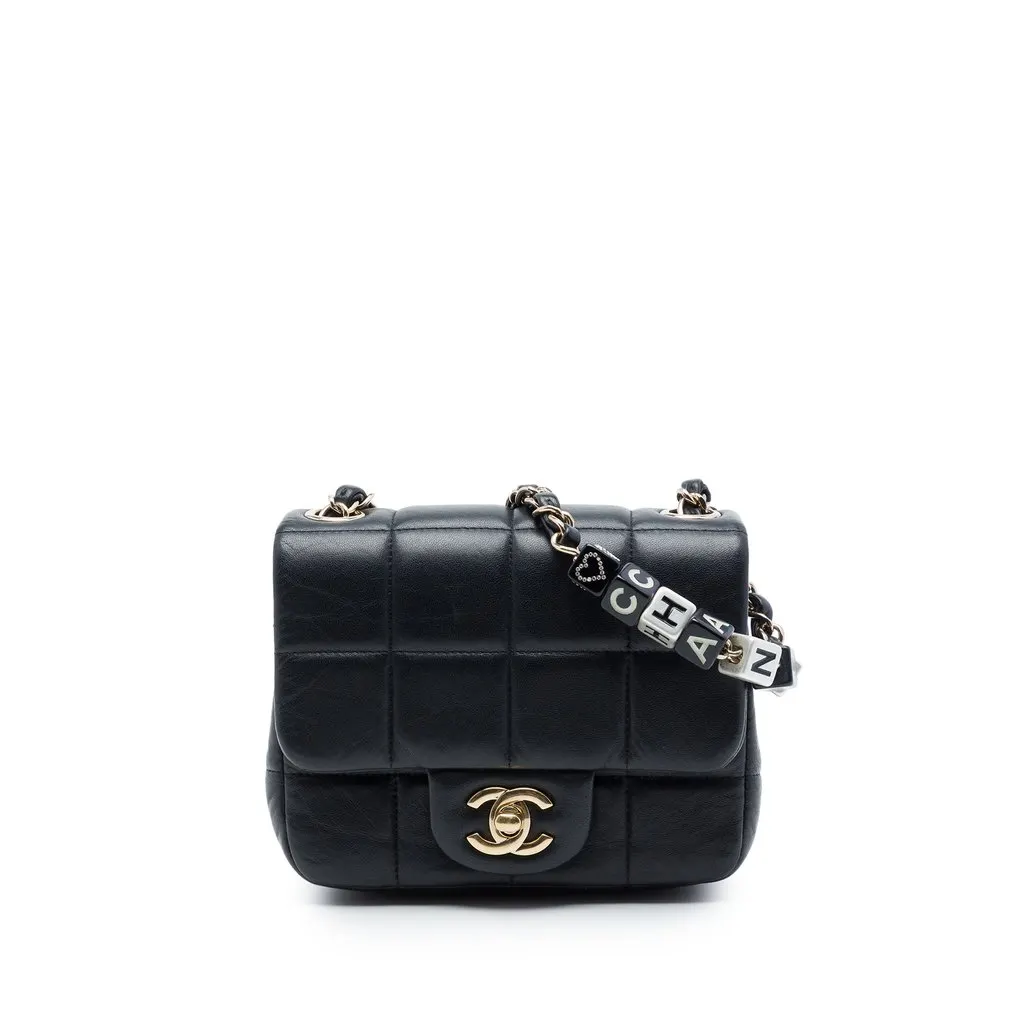 Chanel Mini Quilted Lambskin Resin Crystal Square Monacoco Flap Black Leather Very good - Front View