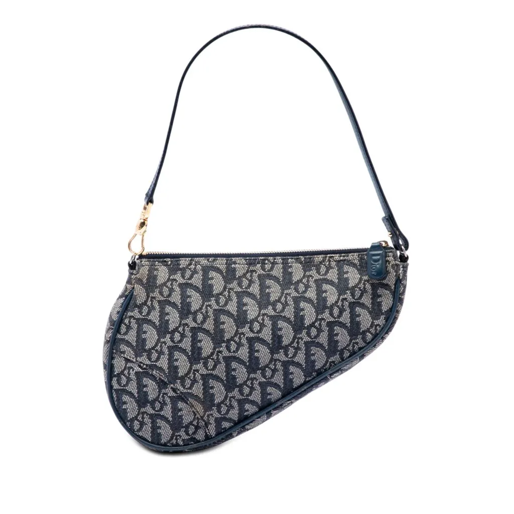 Dior Mini Diorissimo Canvas Saddle Pochette Blue Canvas Good - Front View
