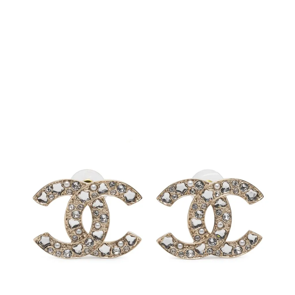 Chanel CC Gold Plated Strass Faux Pearl Push Back Earrings Gold Metal Very good - Front View