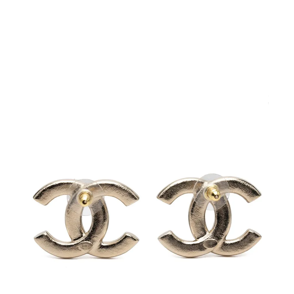 Chanel CC Gold Plated Strass Faux Pearl Push Back Earrings Gold Metal Very good - Back View
