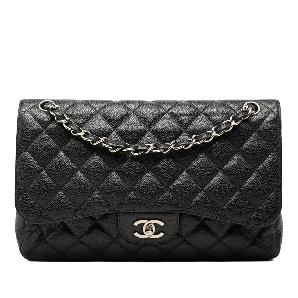 Chanel Jumbo Classic Caviar Double Flap Black Leather Good - Front View