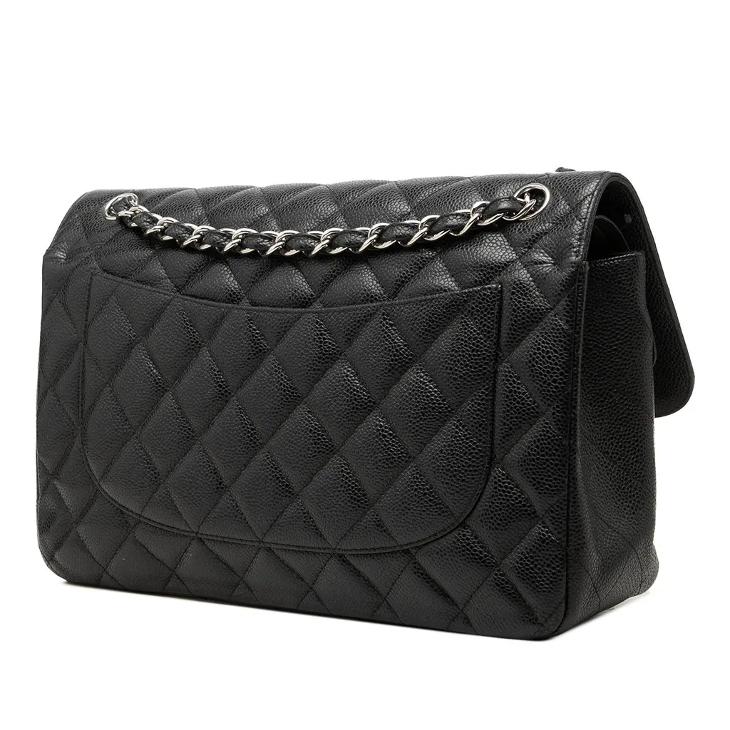 Chanel Jumbo Classic Caviar Double Flap Black Leather Good - Back View