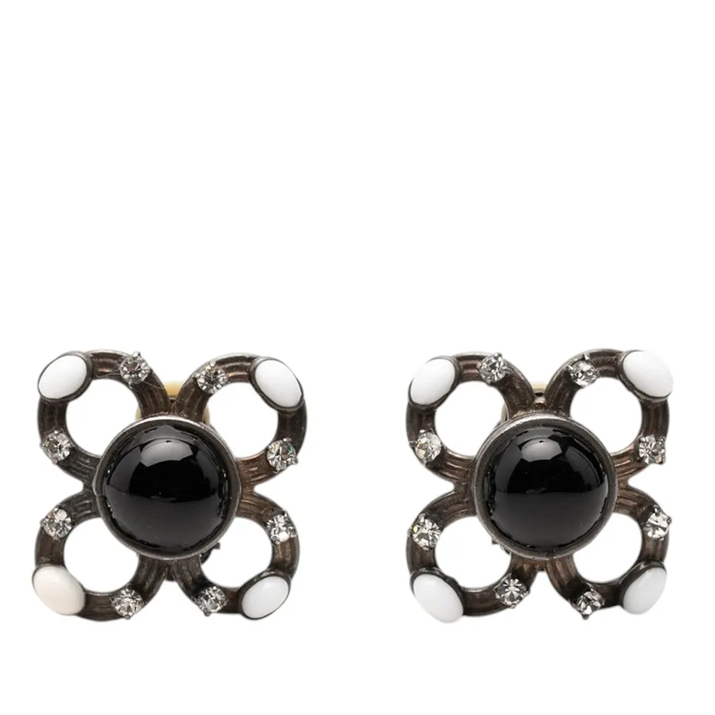 Chanel Brass Cabochon Enamel Strass Clip On Earrings Silver Metal Very good - Front View