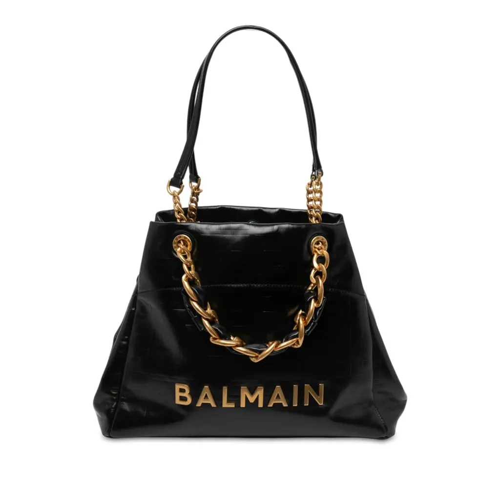 Balmain Embossed Crackled Calfskin 1945 Soft Tote Black Leather Very good - Front View