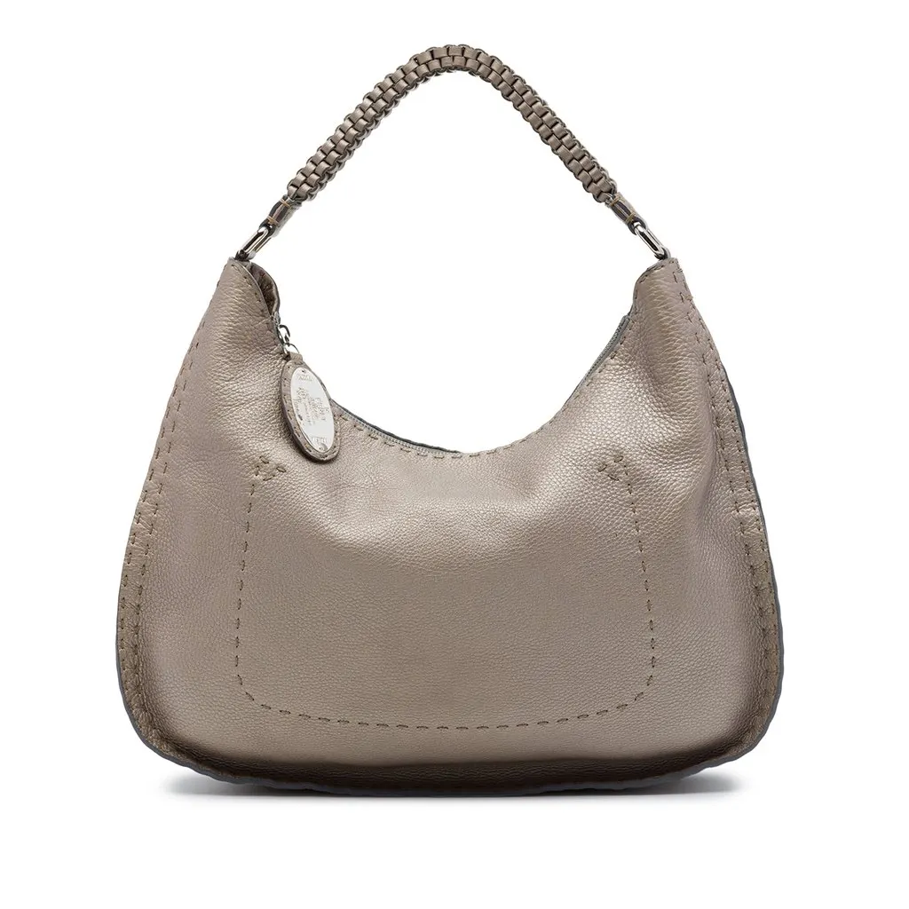 Fendi Metallic Pebbled Leather Selleria Shoulder Bag Brown Leather Good - Front View