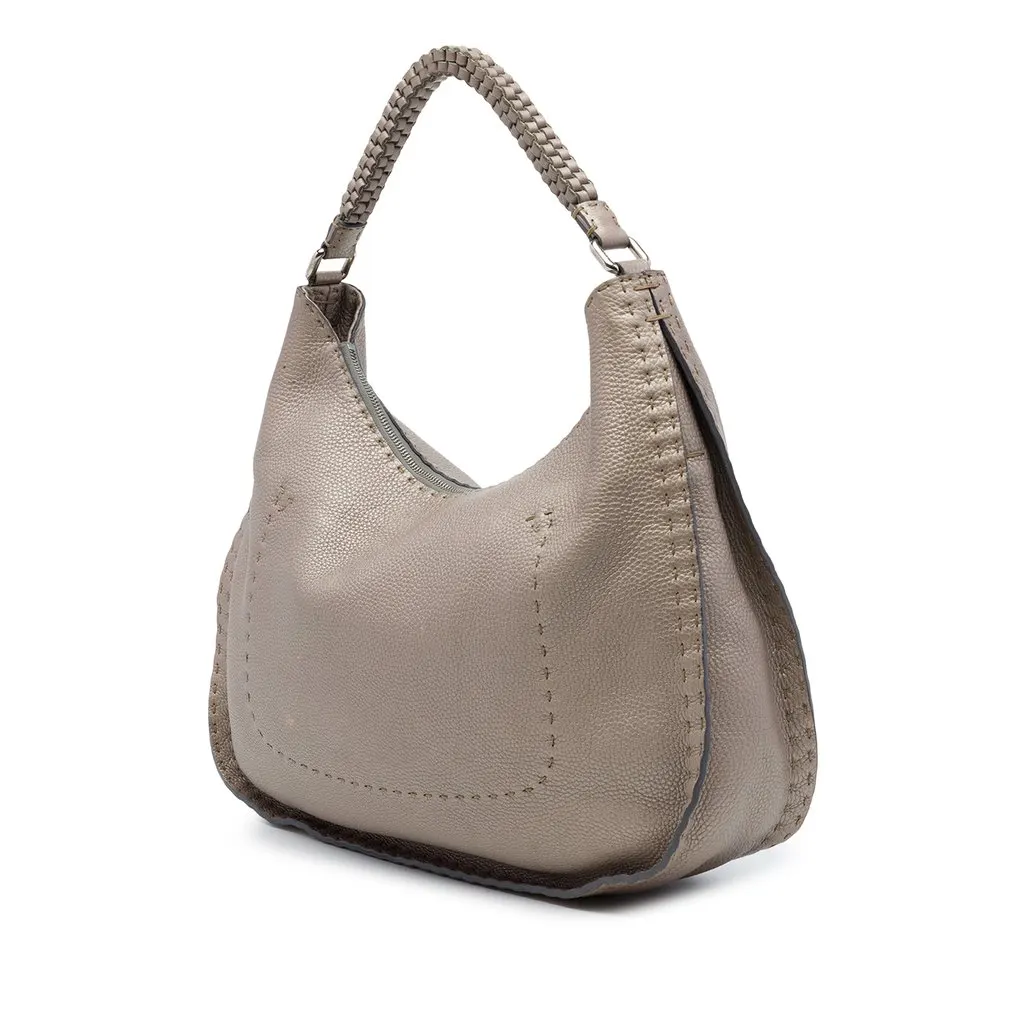 Fendi Metallic Pebbled Leather Selleria Shoulder Bag Brown Leather Good - Back View