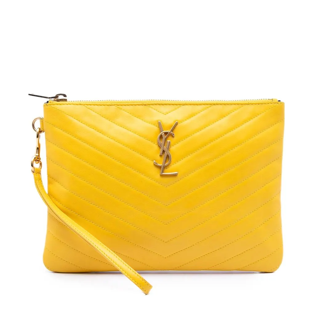 Saint Laurent Chevron Leather Monogram Zip A5 Wristlet Pouch Yellow Leather Very good - Front View