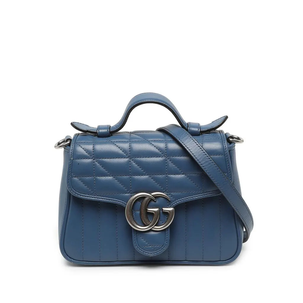 Gucci Mini GG Marmont Matelasse Calfskin Aria Top Handle Bag Blue Leather Very good - Front View