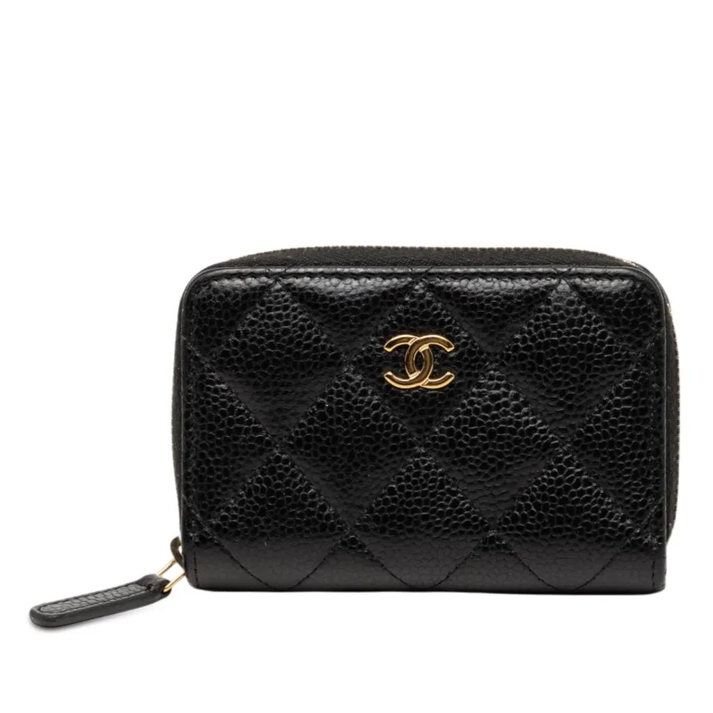 Chanel CC Quilted Caviar Zip Coin Purse Black Leather Very good - Front View