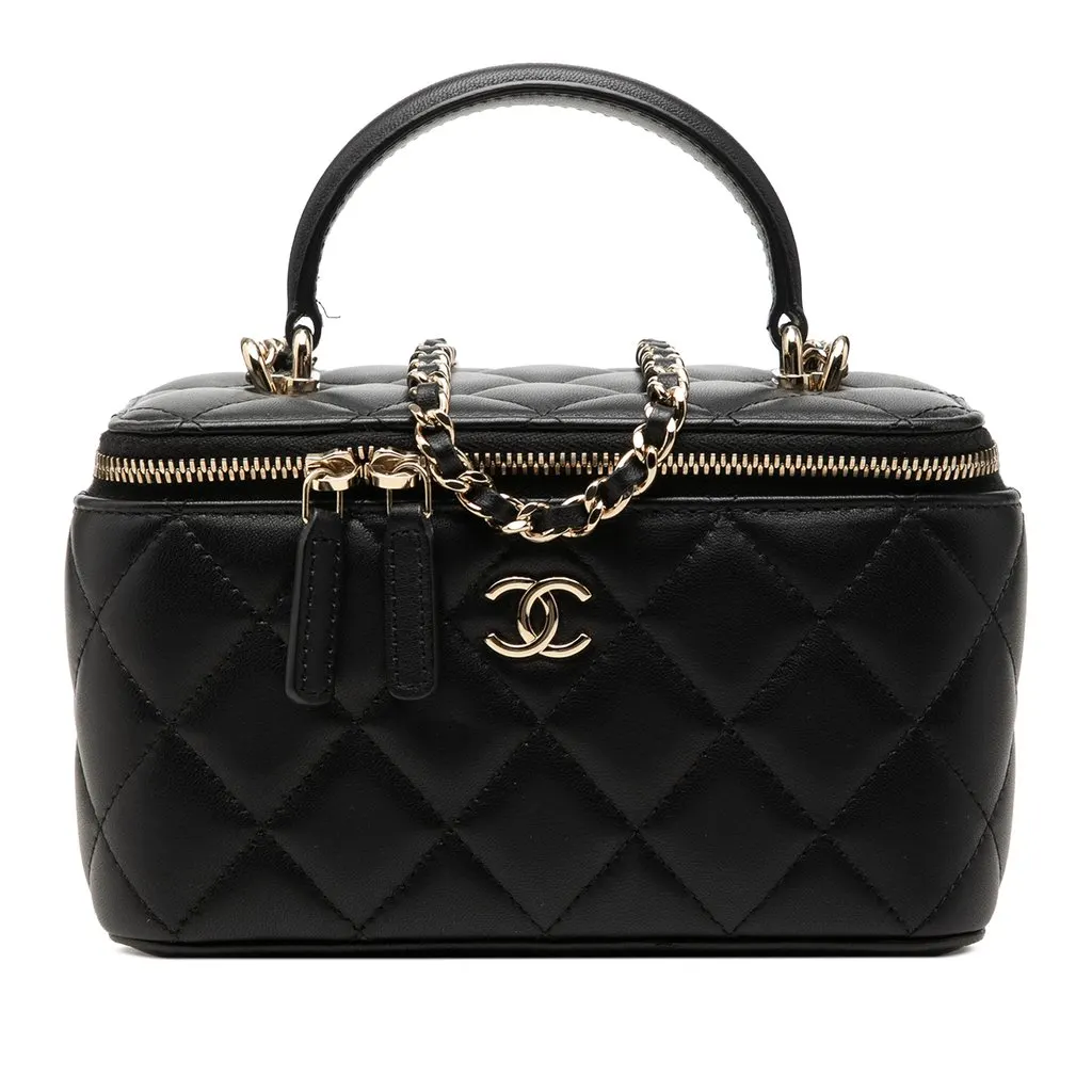 Chanel Small Lambskin Top Handle Vanity Case with Chain Black Leather Very good - Front View