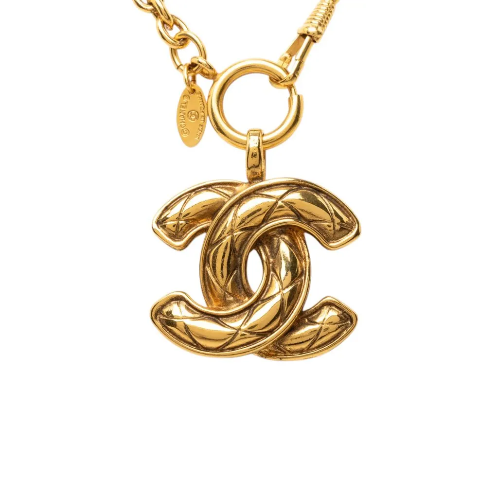 Chanel CC Gold Plated Quilted Pendant Necklace Gold Metal Very good - Back View
