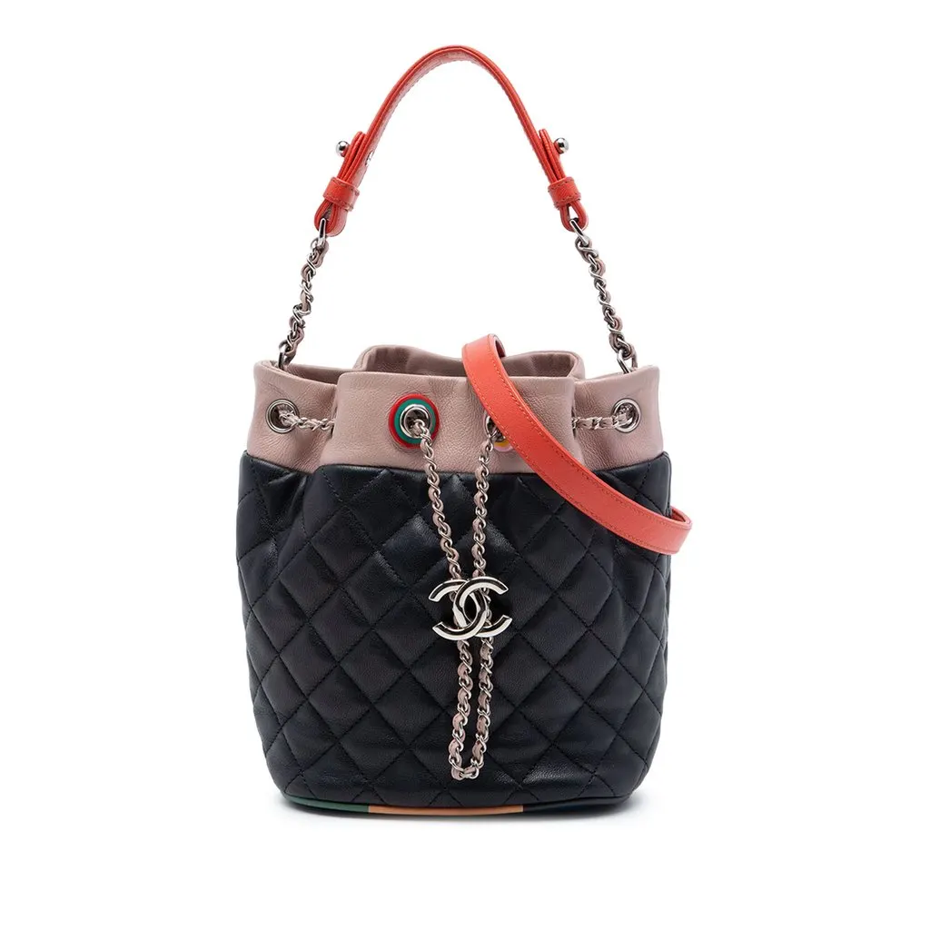 Chanel CC Multicolor Quilted Lambskin Cuba Drawstring Bucket Bag Black Leather Very good - Front View