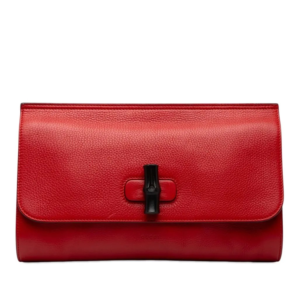 Gucci Calfskin Bamboo Daily Clutch Red Leather Good - Front View