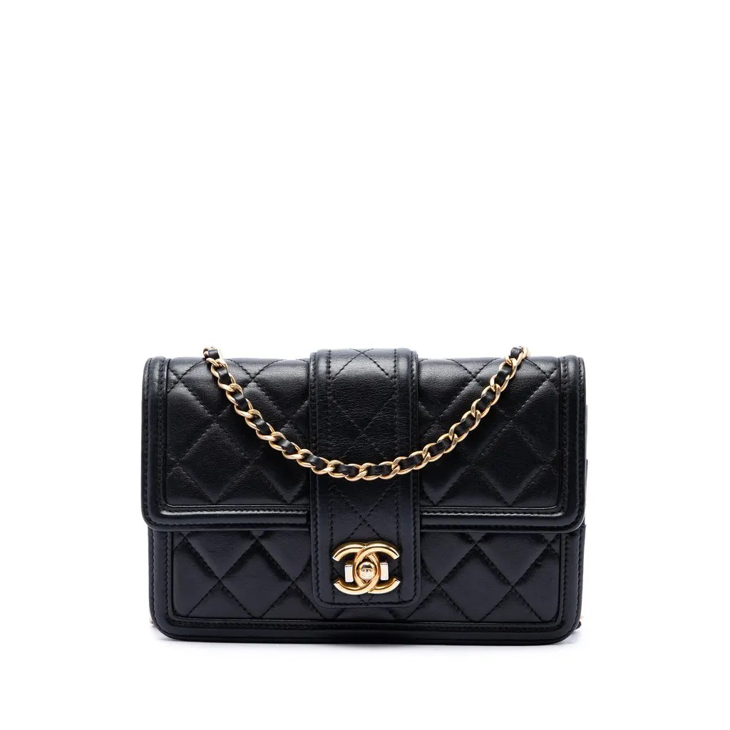 Chanel Small Quilted Lambskin Elegant CC Flap Wallet on Chain Black Leather Very good - Front View