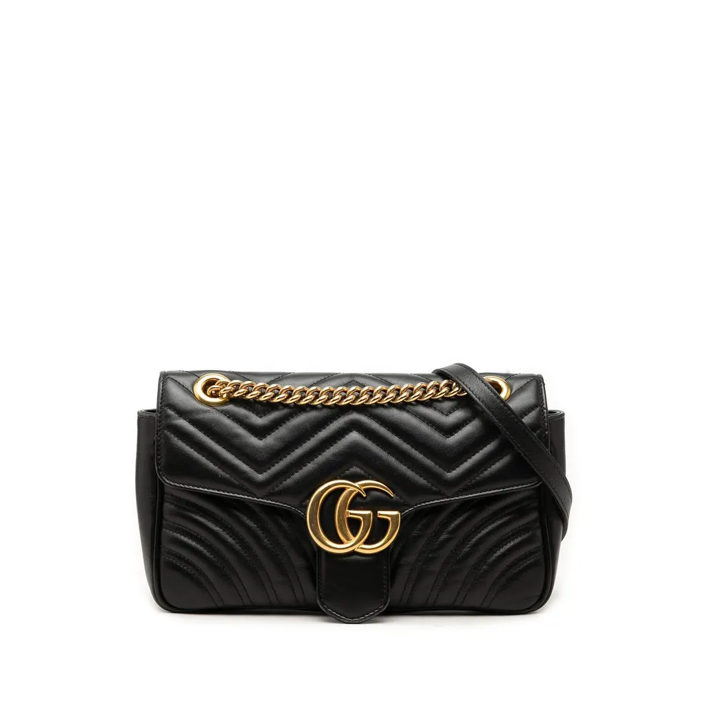 Gucci Medium GG Marmont Matelasse Calfskin Shoulder Bag Black Leather Good - Front View