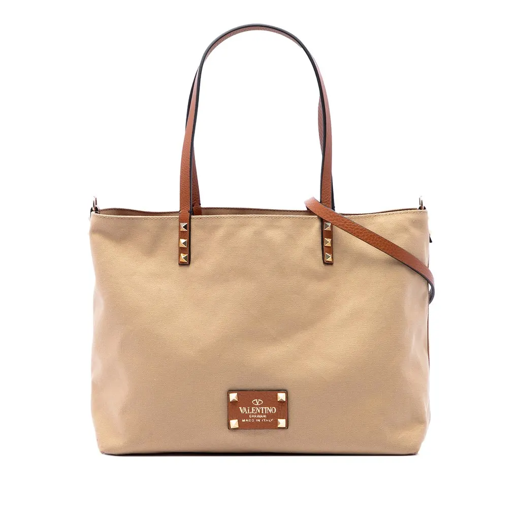 Valentino Canvas Rockstud Glam Lace Reversible Tote Beige Very good - Front View