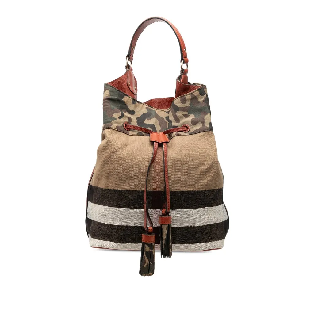 Burberry Mega Check Canvas Camouflage Susanna Tassel Bucket Bag Brown Very good - Front View