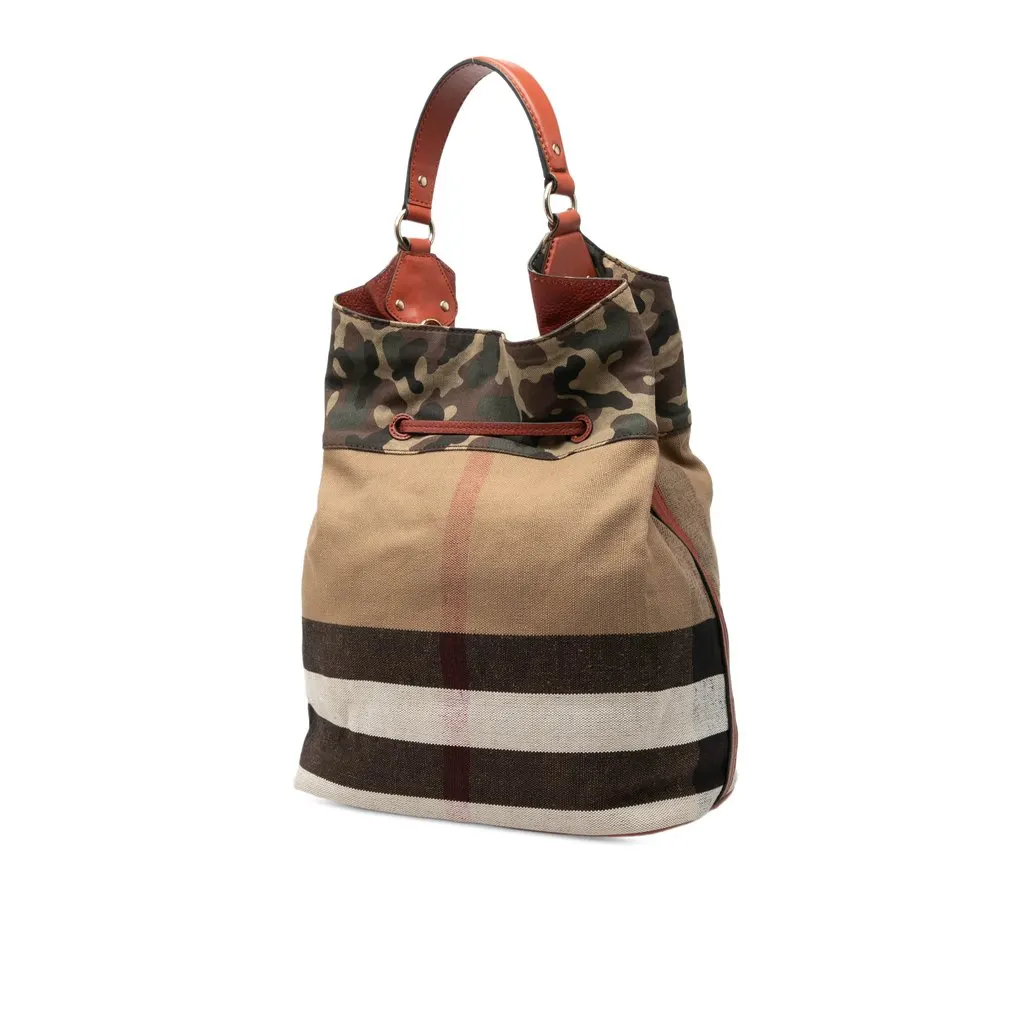 Burberry Mega Check Canvas Camouflage Susanna Tassel Bucket Bag Brown Very good - Back View