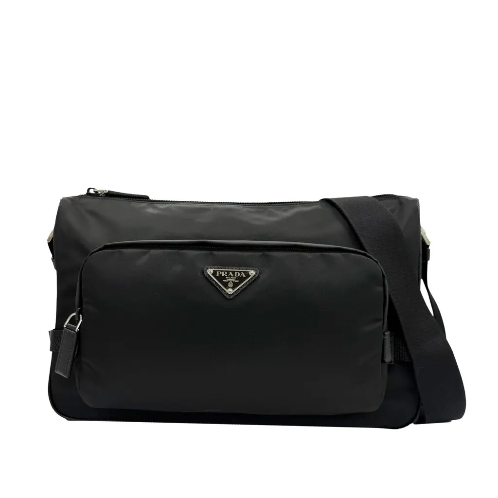 Prada Large Saffiano Trimmed Re Nylon Crossbody Black Very good - Front View