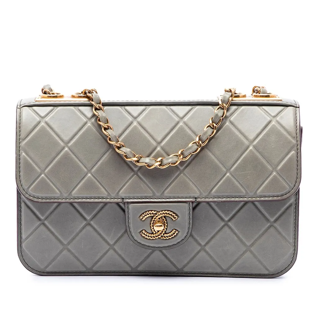 Chanel CC Quilted Debossed Calfskin Flap Grey Leather Good - Front View