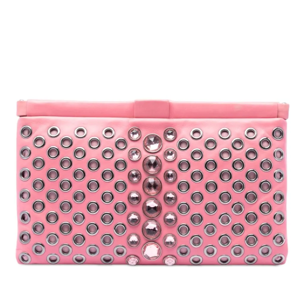 Miu Miu Nappa Grommet Crystal Embellished Clutch Pink Leather Very good - Front View