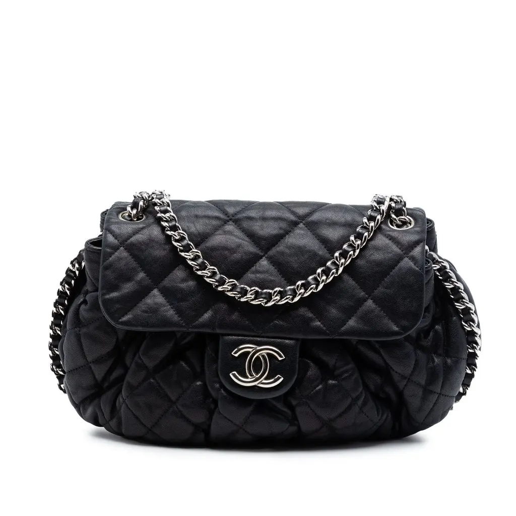 Chanel CC Quilted Lambskin Chain Around Flap Black Leather Very good - Front View