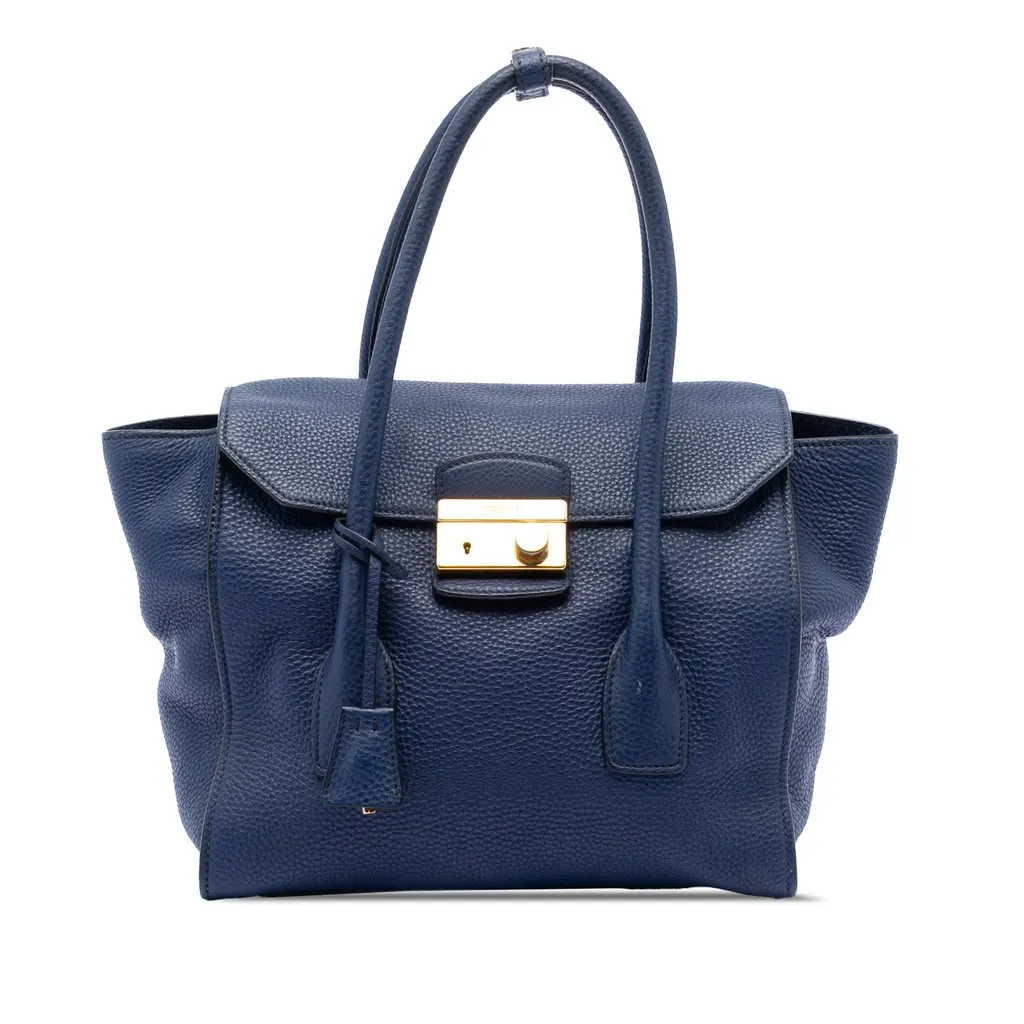 Prada Vitello Daino Sound Lock Satchel Blue Leather Very good - Front View