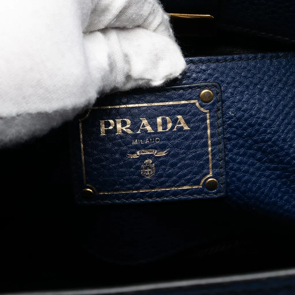 Prada Vitello Daino Sound Lock Satchel Blue Leather Very good - Box View