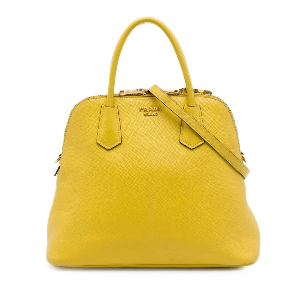 Prada Large Saffiano Cuir Dome Satchel Yellow Leather Very good - Front View