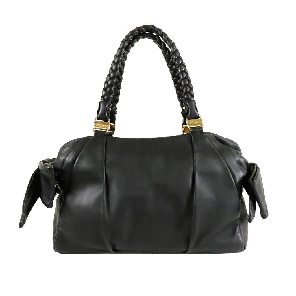 Ferragamo Calfskin Vara Braided Handle Shoulder Bag Black Leather Very good - Front View