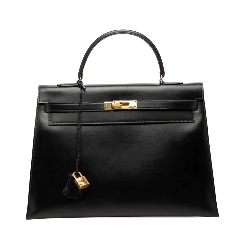 Hermès Box Calf Kelly Sellier 35 Black Leather Good - Front View
