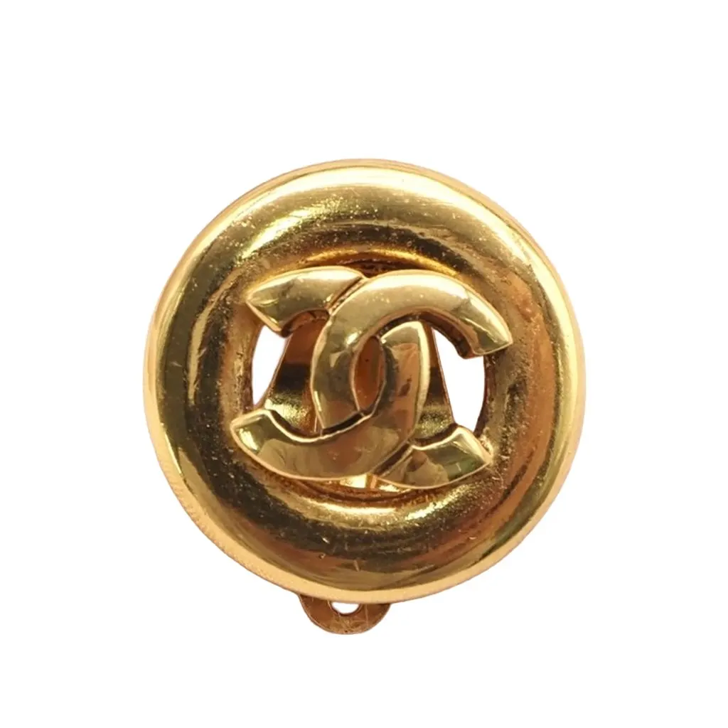 Chanel CC Gold Plated Round Clip On Earrings Gold Metal Very good - Inside View
