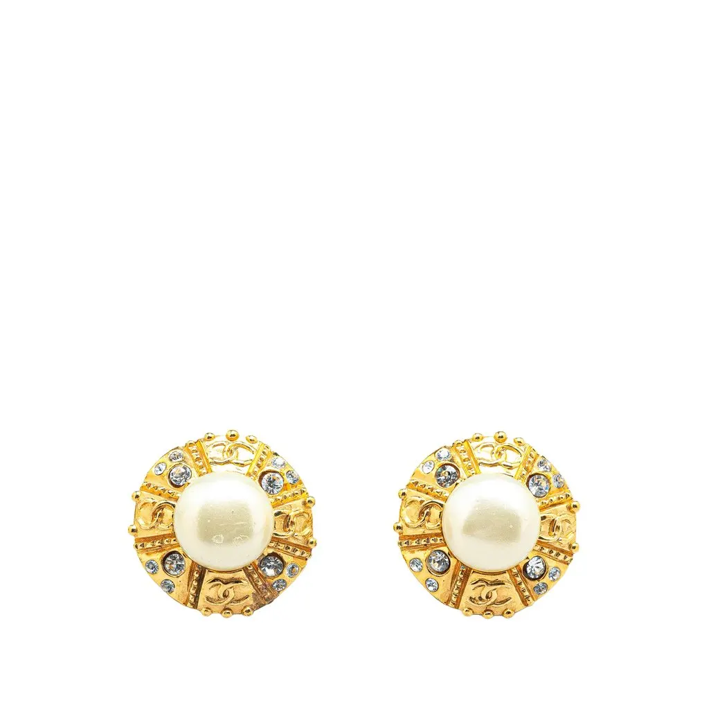Chanel Gold Plated Round Faux Pearl Rhinestones Clip on Earrings Gold Metal Very good - Front View