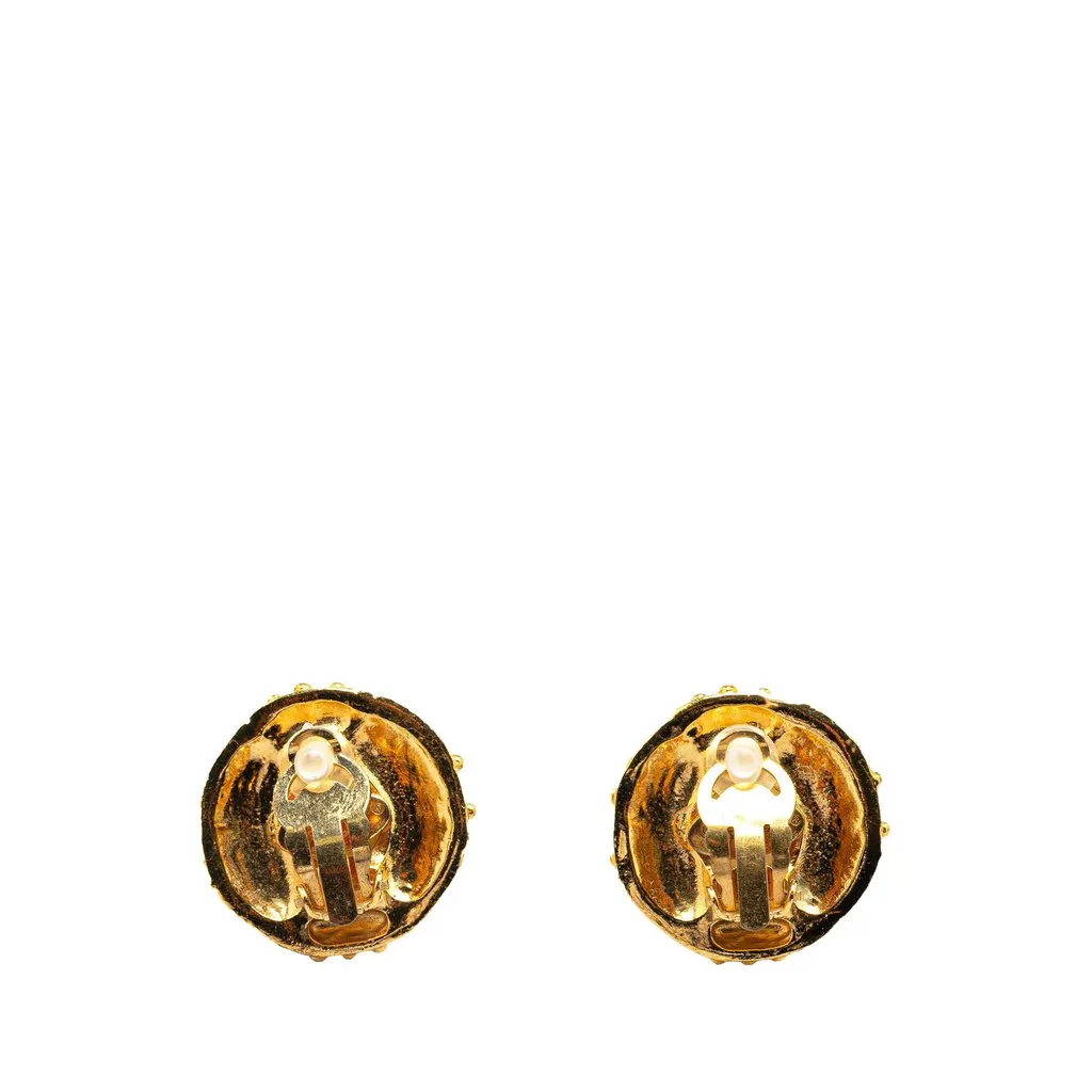 Chanel Gold Plated Round Faux Pearl Rhinestones Clip on Earrings Gold Metal Very good - Back View