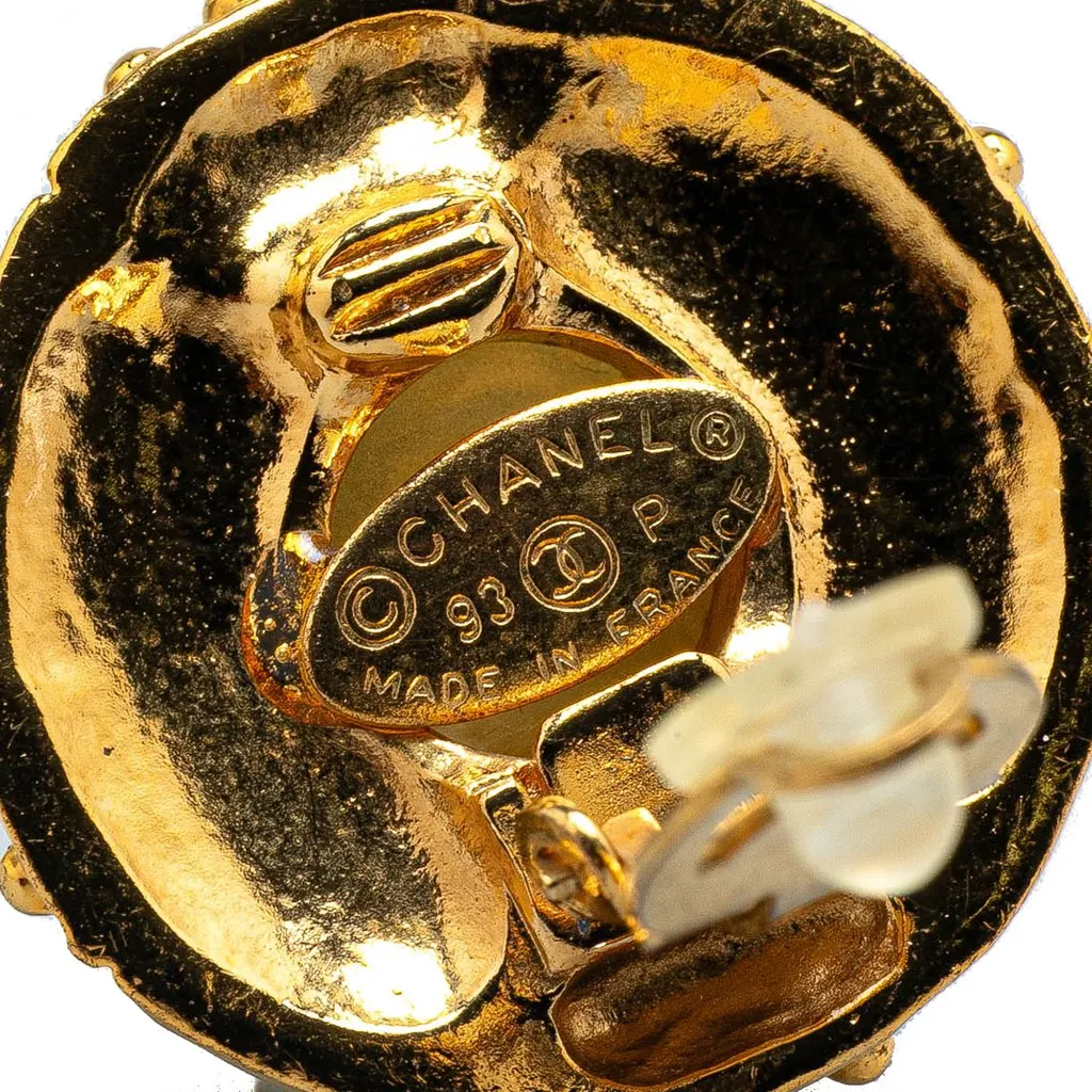 Chanel Gold Plated Round Faux Pearl Rhinestones Clip on Earrings Gold Metal Very good - Inside View
