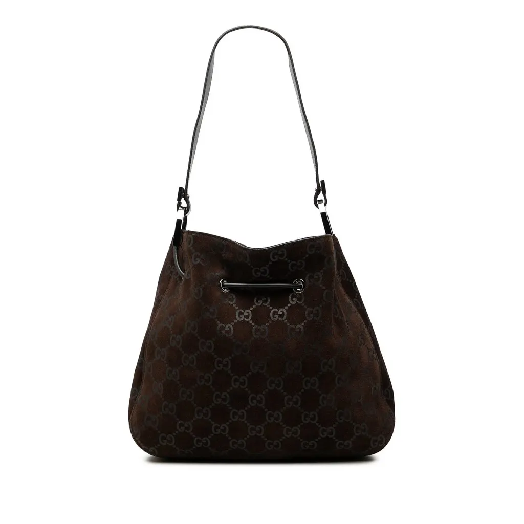 Gucci GG Suede Drawstring Shoulder Bag Brown Suede Good - Front View