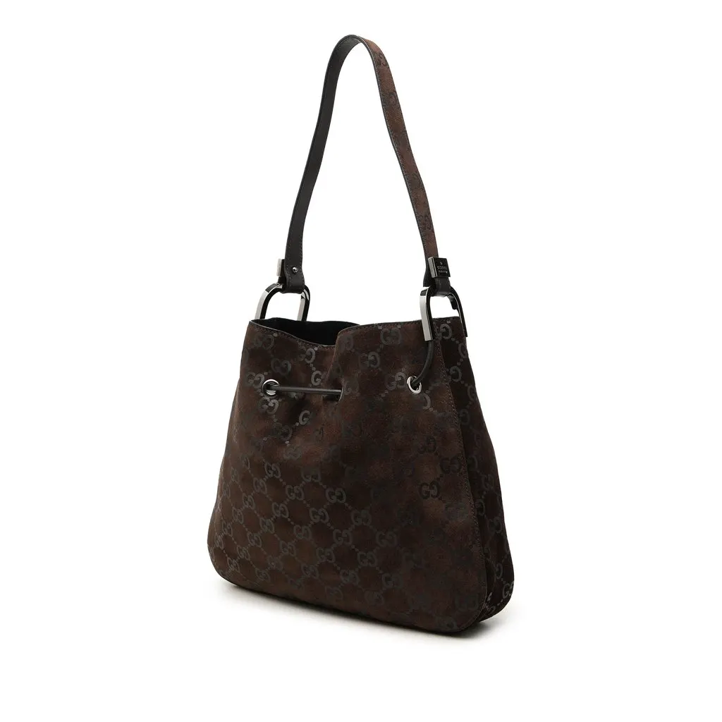 Gucci GG Suede Drawstring Shoulder Bag Brown Suede Good - Back View