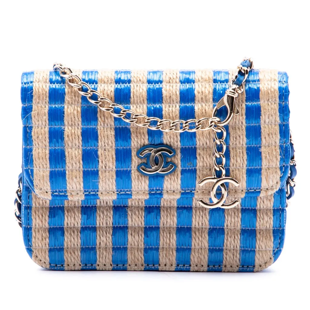 Chanel CC Raffia and Jute Striped Belt Bag Blue Very good - Front View