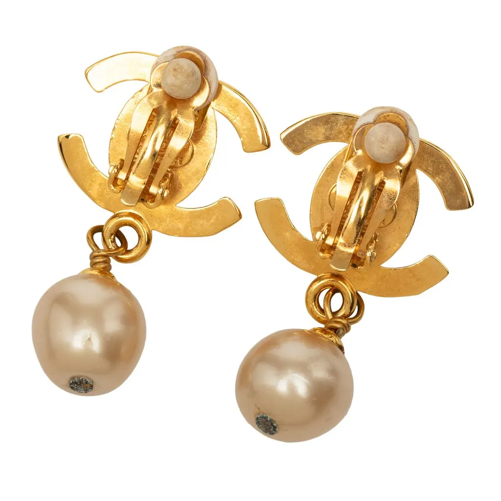 Chanel CC Gold Plated Faux Pearl Drop Turn Lock Clip On Earrings Gold Metal Very good - Back View