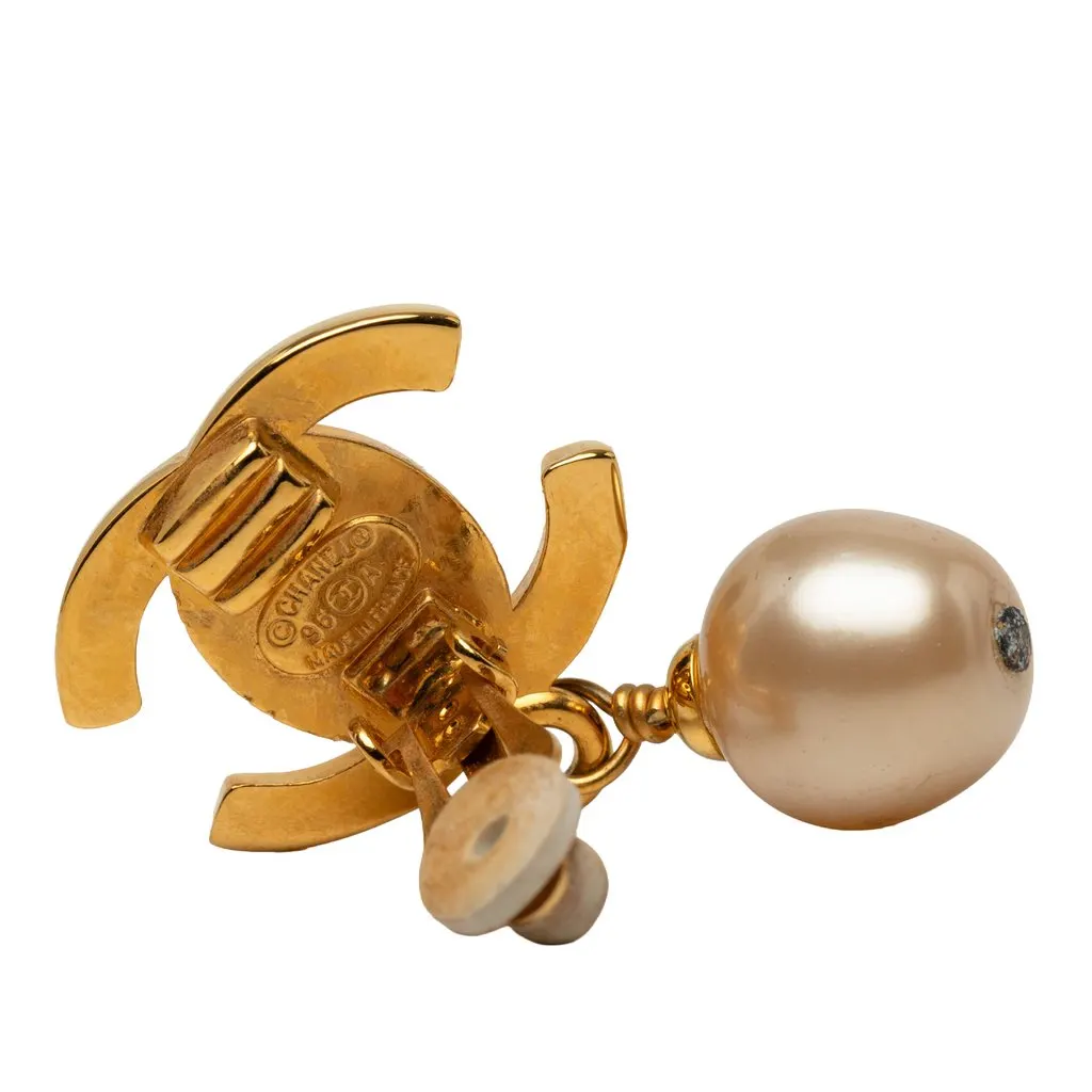 Chanel CC Gold Plated Faux Pearl Drop Turn Lock Clip On Earrings Gold Metal Very good - Inside View