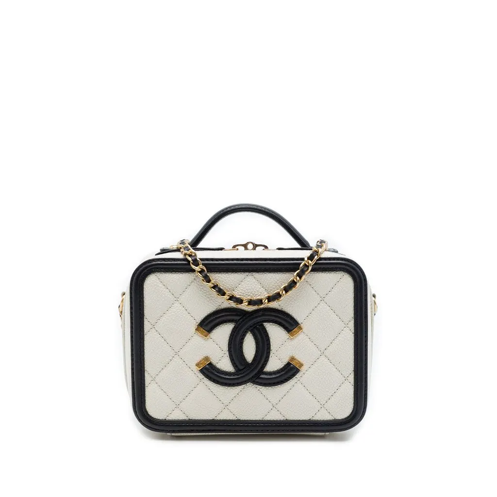 Chanel Small Caviar CC Filigree Vanity Case White Leather Very good - Front View
