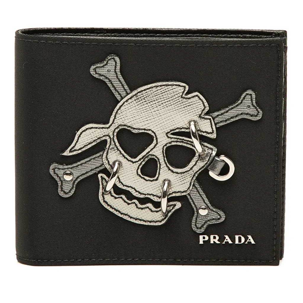 Prada Tessuto Patchwork Skull Pierced Bifold Wallet Black Polyamide Very good - Front View